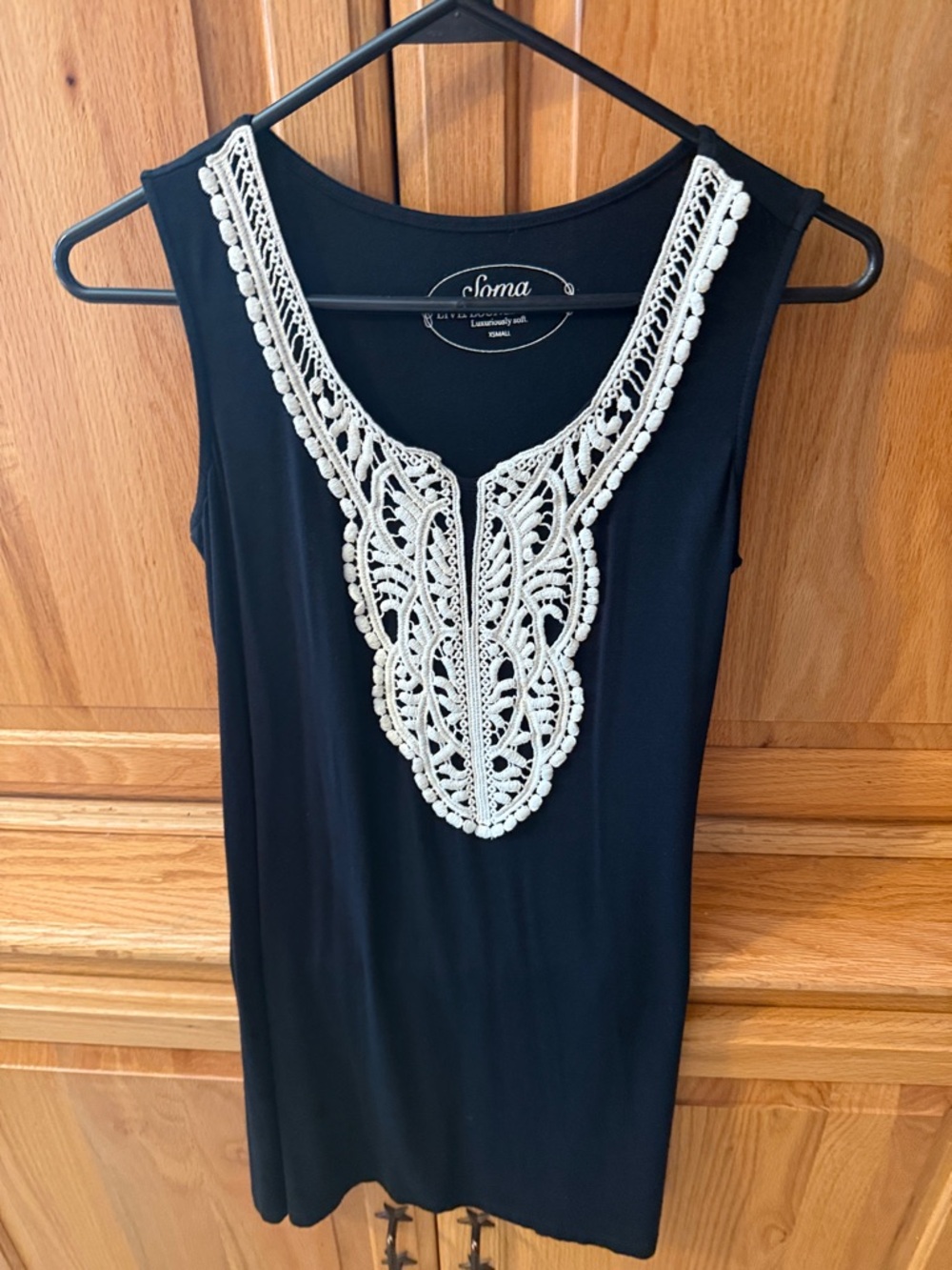 Soma Black Tank Top with Cream Crochet V-Panel